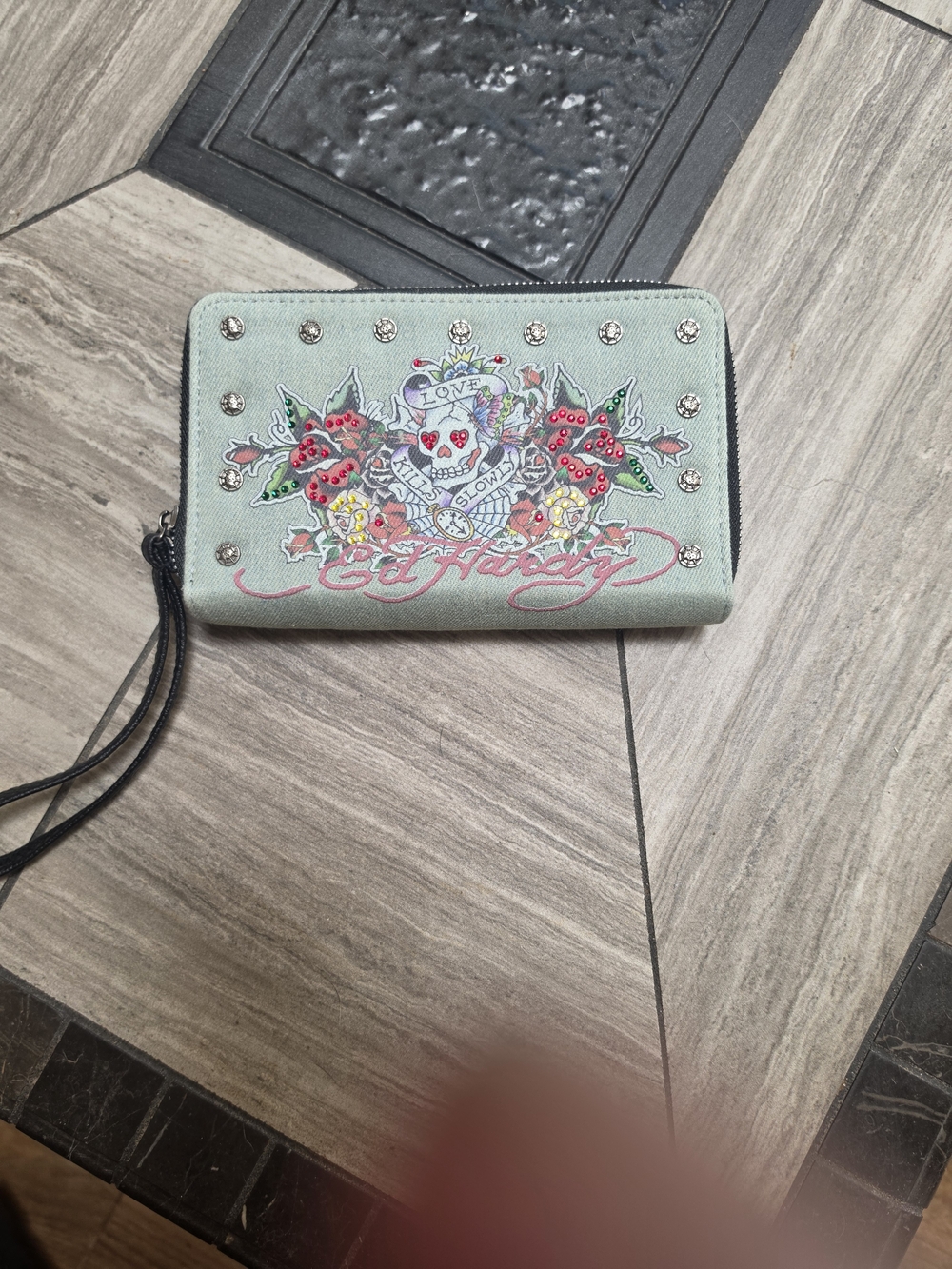 Ed Hardy Denim Zip Wristlet Wallet